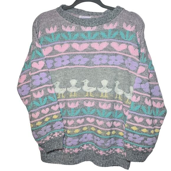 Vintage 80's Gray Pastel Goose Duck Hearts Flowers Crewneck Sweater Women's M/L - Picture 1 of 8